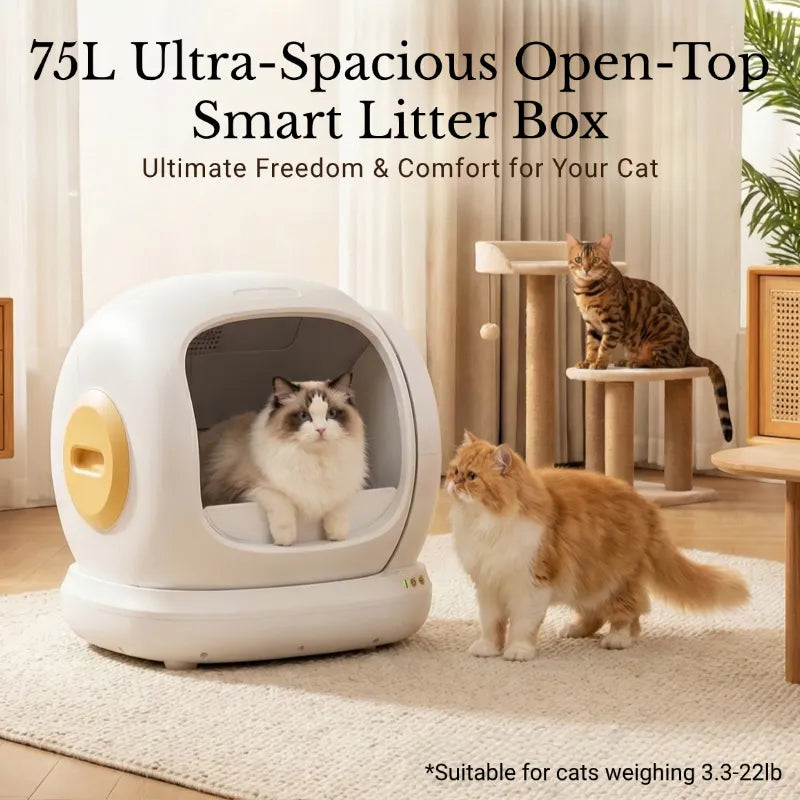 New Smart Litter Box: Quiet, Intelligent, Healthy—9 Sensors, 75L Capacity to Fit Every Cat!