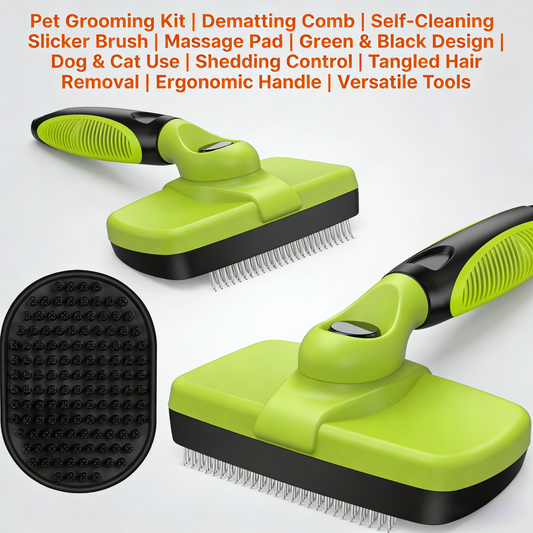 3-in-1 Pet Grooming Kit – Self-Cleaning Slicker Brush & Dematting Tool (Green/Black)
