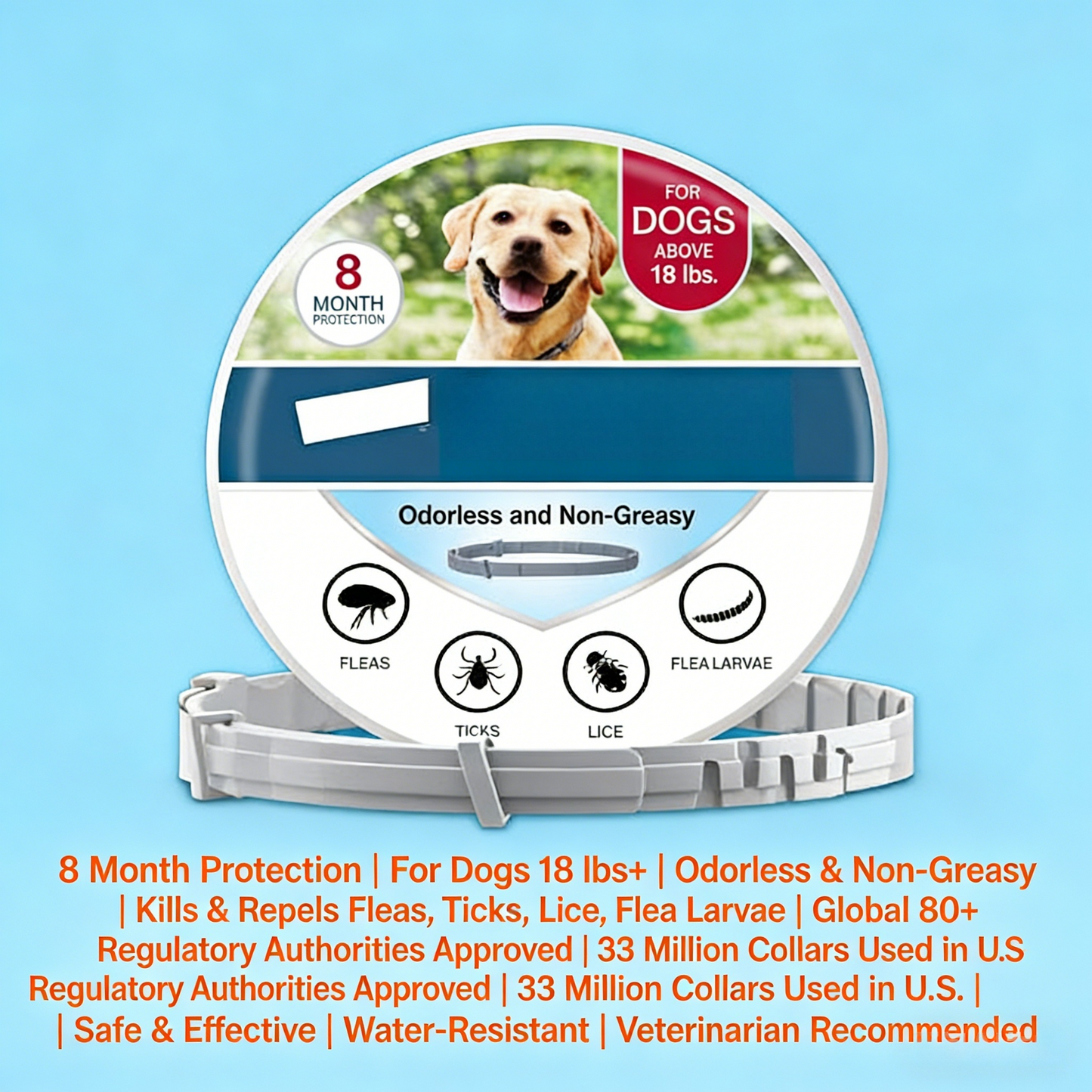 8-Month Flea & Tick Protection Collar for Dogs (18 lbs+)