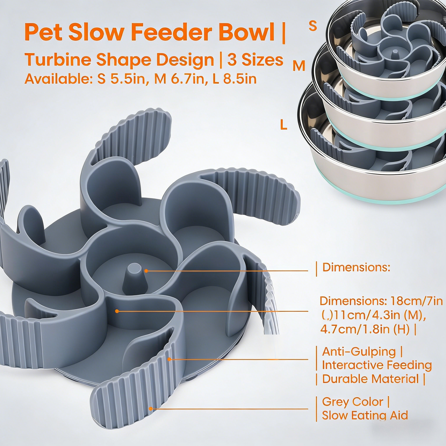 Turbine-Shaped Pet Slow Feeder Bowl – Adjustable 3 Sizes (Grey)