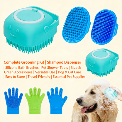 2-in-1 Pet Bath Brush & Shampoo Dispenser Kit (Turquoise/Blue)