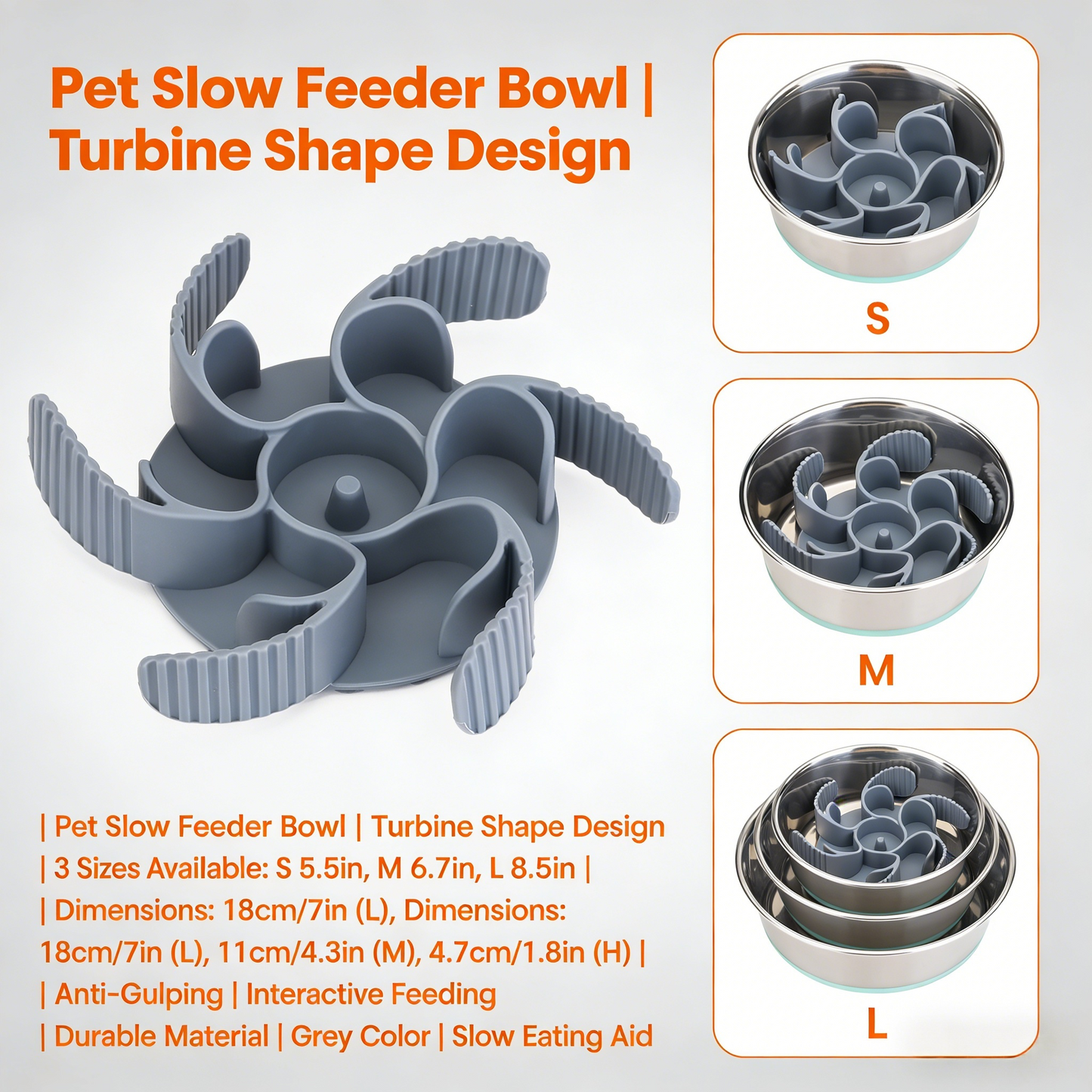 Turbine-Shaped Pet Slow Feeder Bowl – Adjustable 3 Sizes (Grey)
