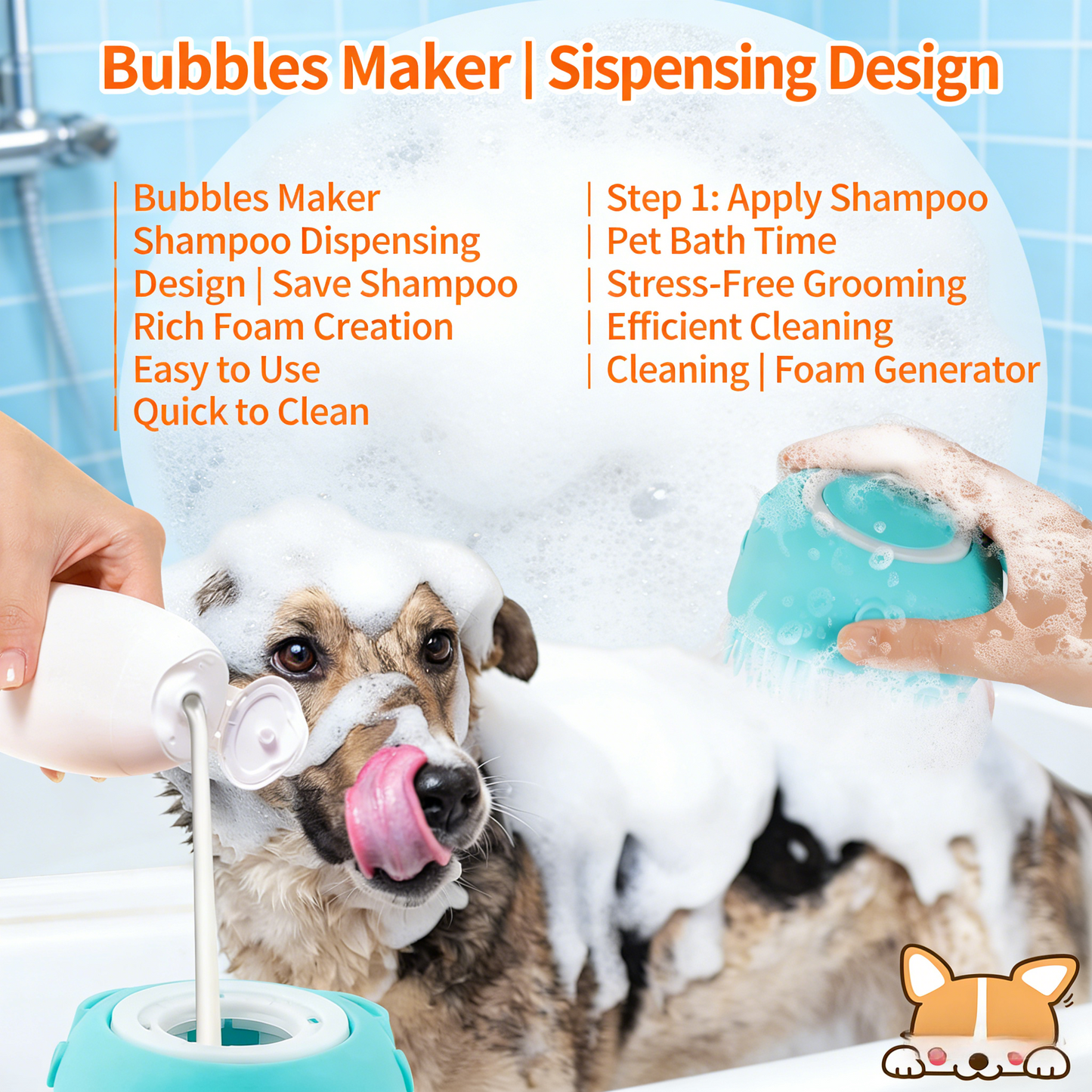2-in-1 Pet Bath Brush & Shampoo Dispenser Kit (Turquoise/Blue)